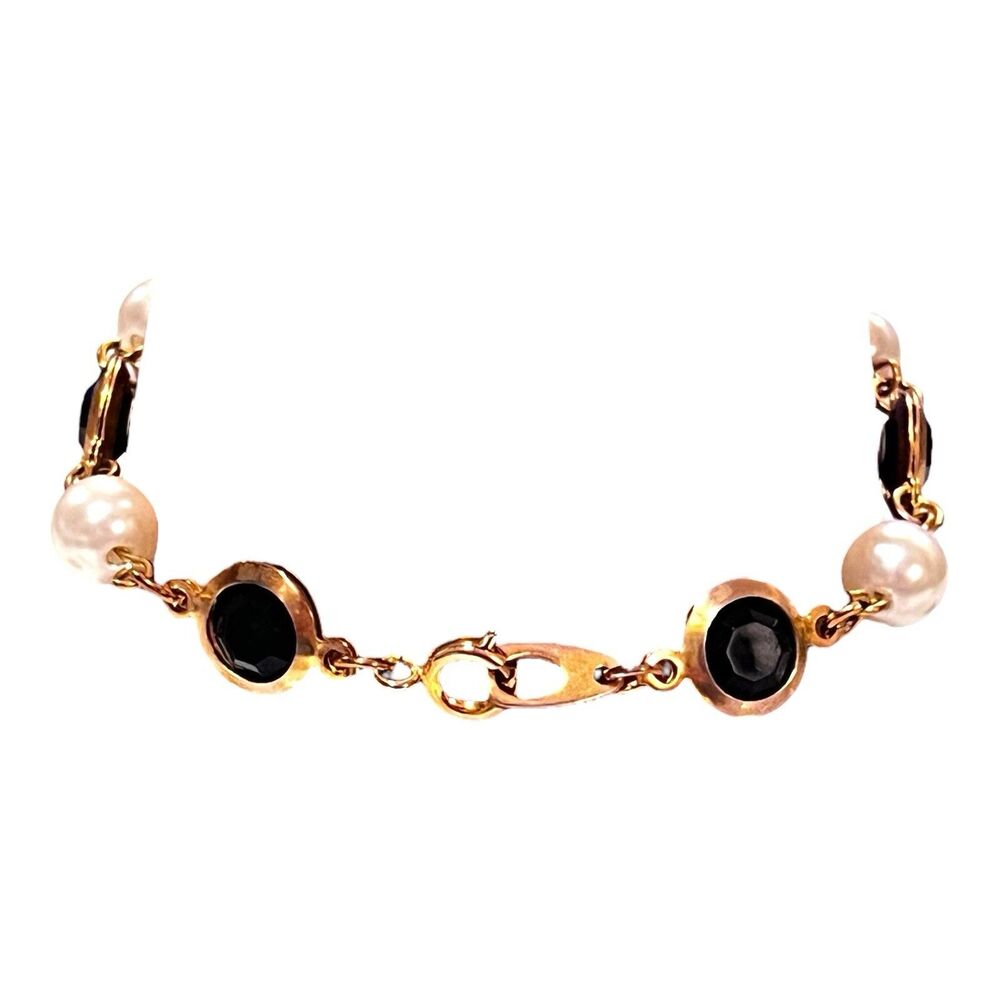 Vintage Faux Pearl & Acrylic Faceted Stones Gold Tone Bracelet Retro Mid Century - Picture 5 of 7